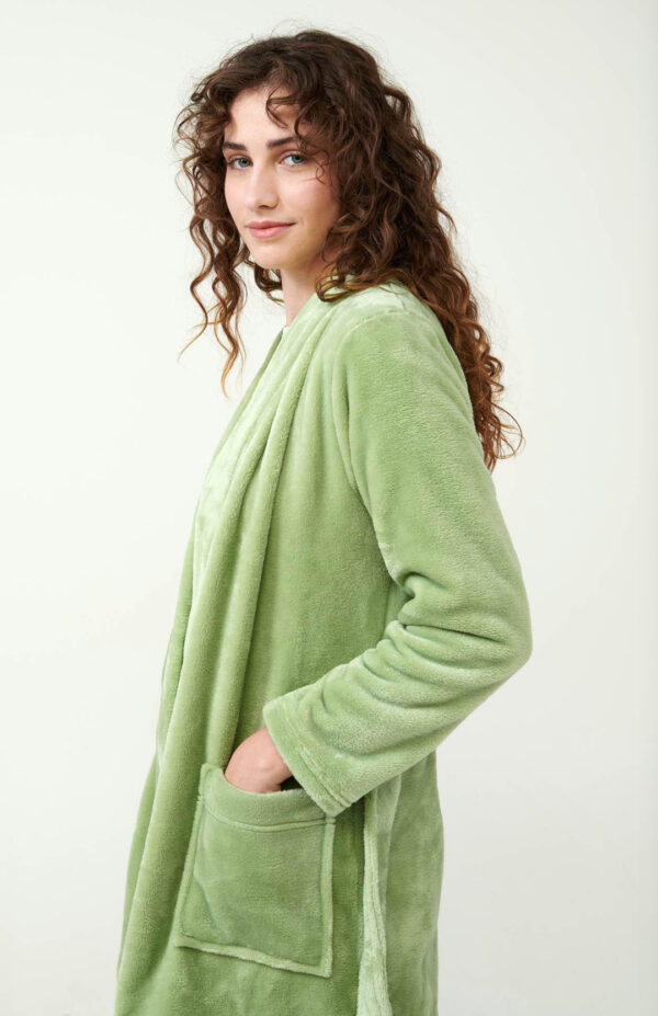 Vamp Μονόχρωμη Σταυρωτή Fleece Ρόμπα-ζώνη λαχανί-21333 - Image 3