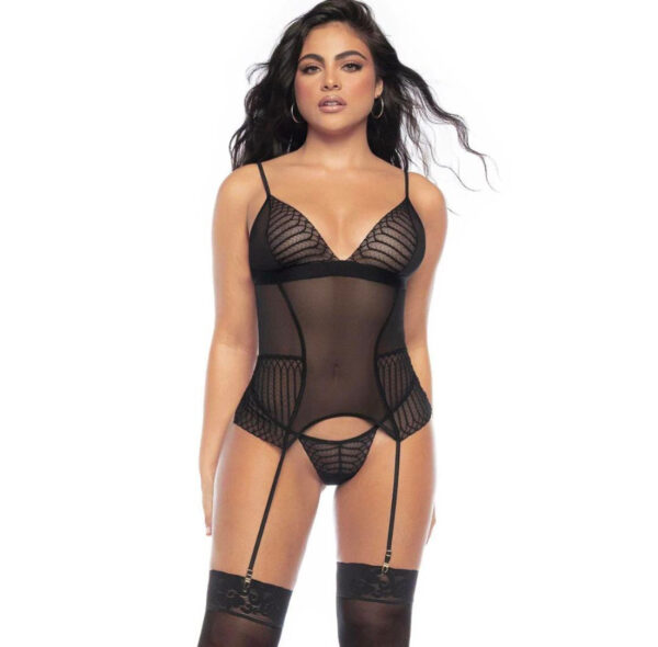Mapale Two Piece Set 8792 Mesh BustierWith Garter & G-String Μαύρο :MAPALE8792-BL