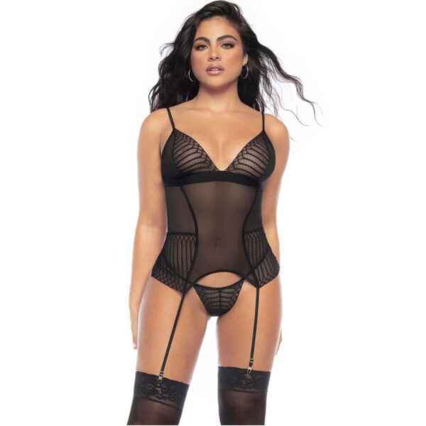 Mapale Two Piece Set 8792 Mesh BustierWith Garter & G-String Μαύρο :MAPALE8792-BL - Image 3